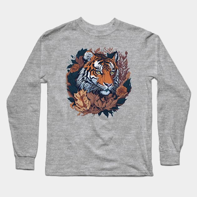 Tiger face with flowers and foliage t-shirt design, apparel, mugs, cases, wall art, stickers, water bottle T-Shirt Long Sleeve T-Shirt by LyndaMacDesigns